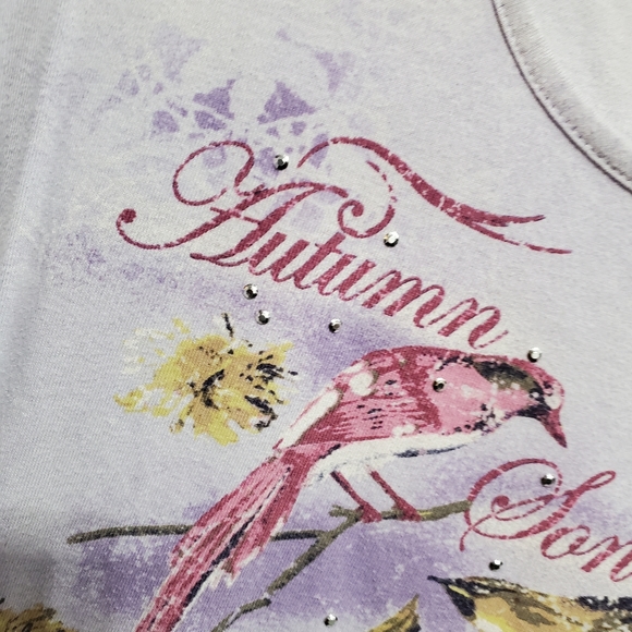 Basic Editions Purple T-Shirt Top with Birds & Flowers - Picture 6 of 16